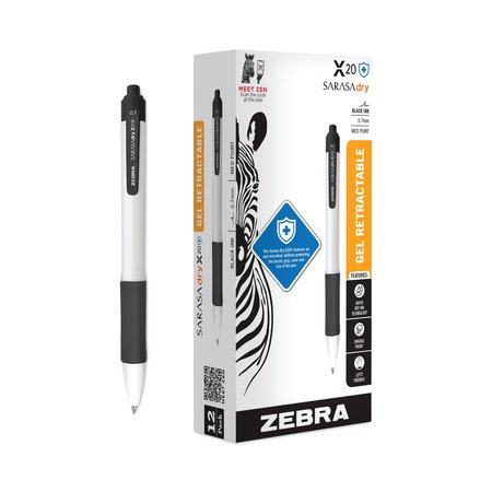 Zebra Pen Sarasa Dry X20+ Gel Pen, Retractable, Fine 0.7 mm, Black Ink, White Barrel, 12PK 41610